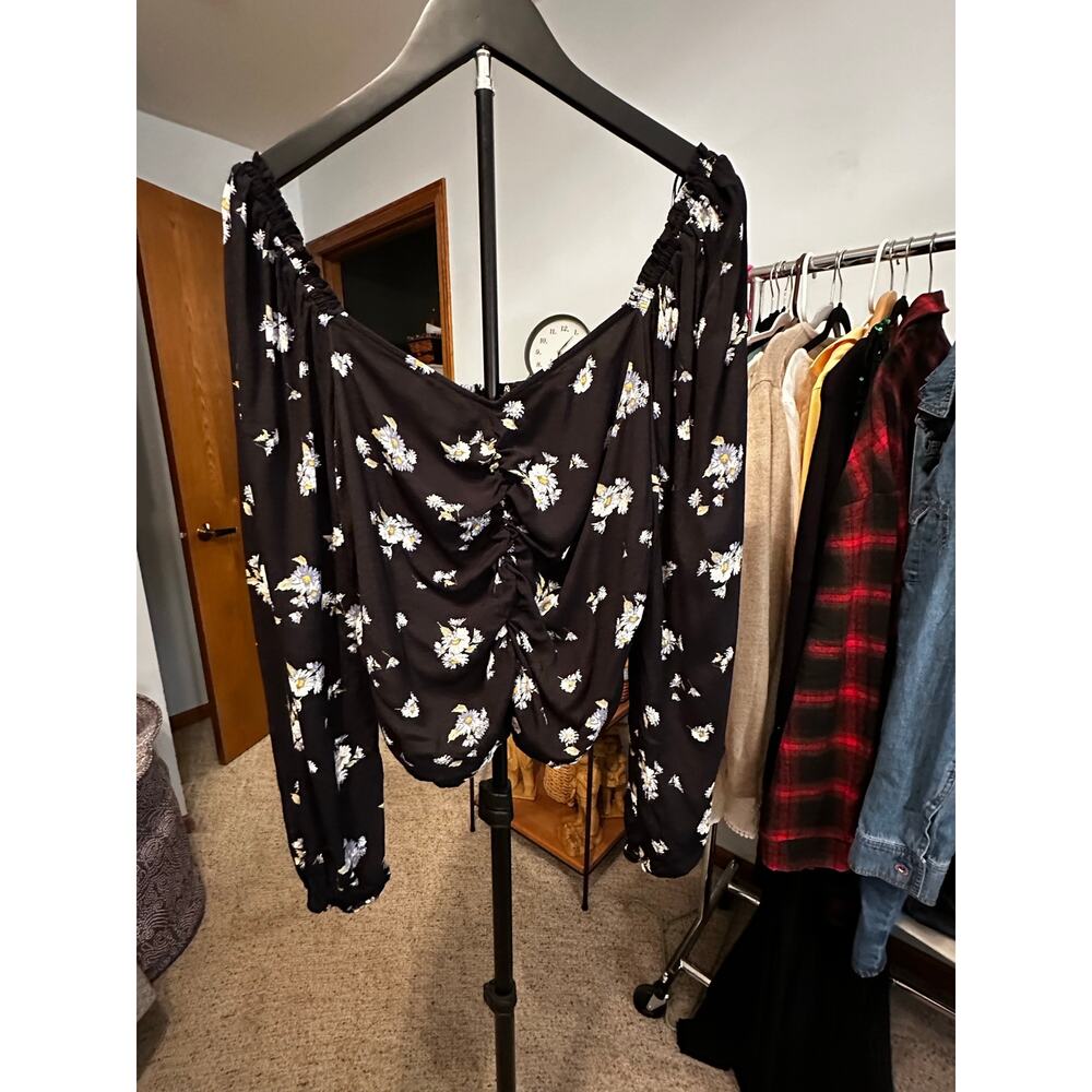 Sophie Rue Black Floral Ruched Blouse Off The Shoulder Daisy Top XL EUC